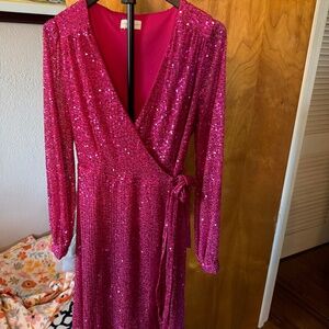 Pink Desert size large sequin sparkle wrap dress long sleeves eras Taylor swift